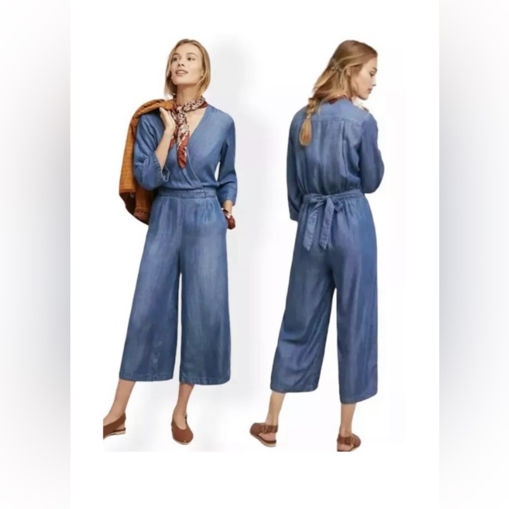 Anthropologie Cloth & Stone Chambray Soft Denim Tie Wide Leg Jumpsuit Women's XS